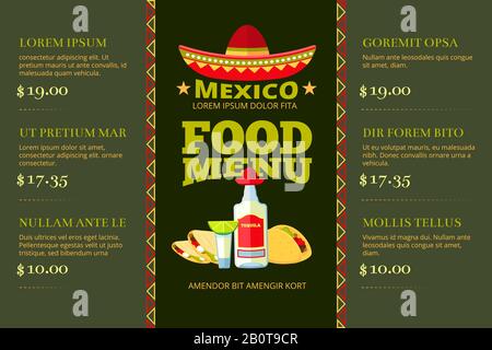 Mexikanische Küche Essen Restaurant Menü Vektor-Vorlage. Mexikanisches Restaurantmenü mit Preis, Illustration des Cartoon-Banners Stock Vektor