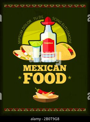 Mexikanisches Restaurant Vector Menu Design. Banner mit Emblem mexikanisches Restaurant, Illustration des mexikanischen Menüposters Stock Vektor