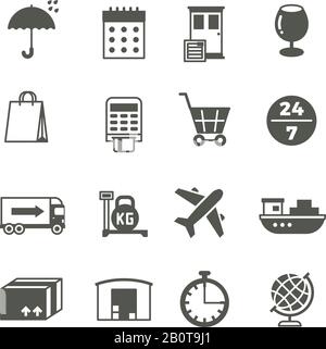 Symbole für globale Lieferung, Versand von LKW und Paketvektor. Lieferung und Verteilung, Lager- und Lastkraftwagen, Versand- und Logistikdienst-Illustration Stock Vektor