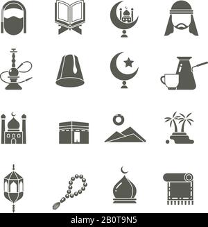 Muslimische islamische Mittelost-Religion-Vektorsymbole. Ramadan kareem Piktogramme. Traditioneller religiöser Osten, Illustration der traditionellen Religion arabisch Stock Vektor