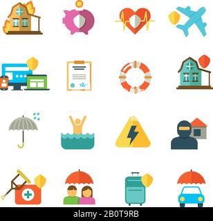 Flache Piktogramme für Langzeitversicherungen. Symbole für den Schutz von Familiengeldern. Versicherungsreise und Familie, Abbildung des Versicherungsgepäcks Stock Vektor