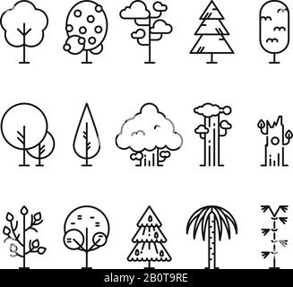 Primitive einfache Konturlinien. Naturpflanzen Symbole. Lineare Baumpflanze, Abbildung des natürlichen linearen Waldbaums Stock Vektor