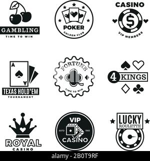 Vintage Glücksspiel, Casino, Poker Royal Turnier, Roulette Vektor Etiketten, Embleme, Logos und Abzeichen. Pokerspiel-Logo, Abbildung des Gamble Game-Emblems Stock Vektor