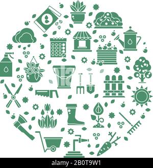 Gartenvektor-Logo mit Garten-Tools-Symbolen. Grüne Silhouettenwerkzeuge für die Landwirtschaft Gartenarbeit, Ausrüstung für Gartenillustration Stock Vektor
