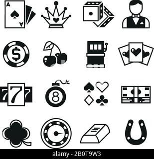 Lotterie, Roulette, Casino, Spielautomat, Spiel-Vektor-Symbole. Casino Icons Set, Würfel und Blackjack, Casino Spielsammlung Spiel-Illustration Stock Vektor