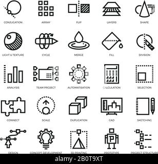 CAD-Designer, zukünftige Innovationen, Datenbank, Architektur, 3D-Modelldruck Vektorliniensymbole. Konjugation und Array, Flip- und Ebenendarstellung Stock Vektor