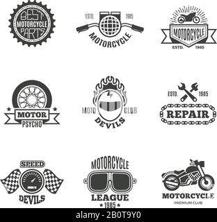 Retro-Etiketten für Rennsport, Motorrad, Motorradreparatur, Logo, Abzeichen und Embleme. Motorrad-Servicekennzeichen, Abbildung des Etiketts mit Motorrad Stock Vektor