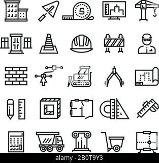 Bauindustrie, Bauhaus, Bauingenieurwesen und Maschinen - dünne Linien - Vektorsymbole. Symbole der Baubranche, Abbildung des Hausbaus Stock Vektor