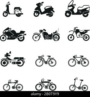 Symbole für Silhouette von Motorrad-, Motorrad-, Roller-, Chopper- und Fahrradvektoren. Abbildung von Motorrad und Motorroller mit Geschwindigkeit und Motorrad Stock Vektor