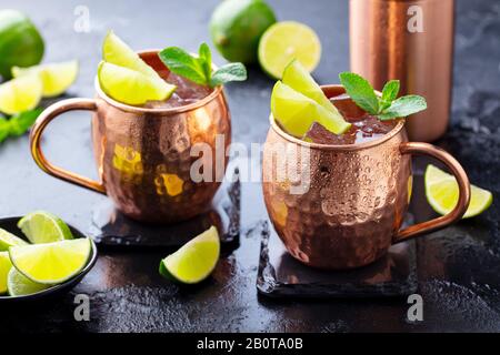 Moskau Mules Cocktail mit Ingwerbier, Wodka, Limette und Minze. Dunkler Hintergrund. Nahaufnahme. Stockfoto