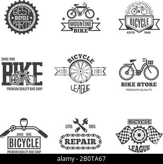 Bike-Shop, Fahrrad, Fahrradfahren Vintage Vector Labels, Logo, Abzeichen und Embleme. Fahrradladen und Ladenabzeichen Fahrrad-, Teile- und Reparatur-Illustration Stock Vektor