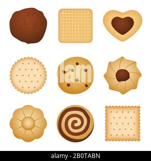 Verschiedene Formen des Essens von Keks hausgemachte Plätzchen, Speisen für Frühstücks-Vektor-Set. Süßes Dessert Keks, Illustration süßer Imbiss mit Schokolade Stock Vektor