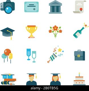 Graduate, Student Party College Graduation Vector flache Symbole. Auszeichnung und Leistungserziehung, Illustration von Ikonen Bildung Stock Vektor