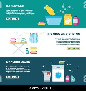 Waschen und Trocknen von Kleidung, Werbbbanner für den Wäschereiservice. Servicewaschmaschine, Abbildung Waschbanner Stock Vektor