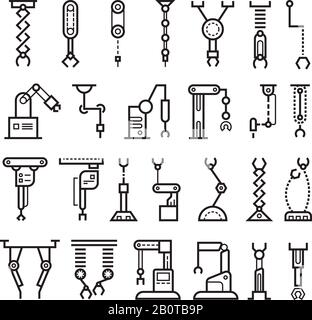 Fertigung von Industrierobotern, Vektorlinien für Roboterarme. Roboterindustrie Fertigung, Abbildung von Technologierobotern Stock Vektor