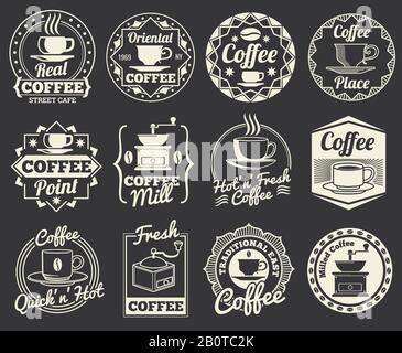 Vintage-Cafes und Café-Logos, Abzeichen und Etiketten. Emblem für Kaffeeplatz, Abbildung des Etiketts oder Logos für die Café-Bar Stock Vektor