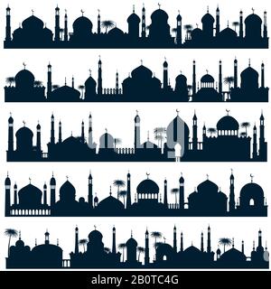 Die Skylines der islamischen Stadt mit Moschee und Minarettvektor-Silhouetten arabischer Architektur. Schwarze Silhouettenmoschee und Wahrzeichen, Illustration der silhouettenstadt des muslimischen Panoramagebäudes Stock Vektor