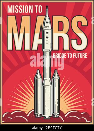 Weltraum-Reise zum Mars-Hintergrund. Universum Adventure Projekt Vector Vintage Poster. Rakete zum mars starten, Illustration des mars-mission-Plakats Stock Vektor