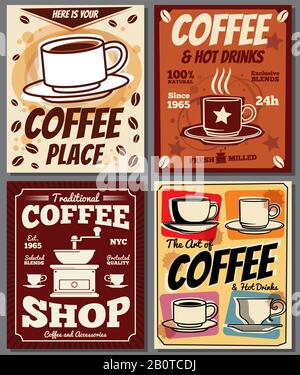 Café und Restaurant Retro Poster Vektorvorlagen mit Kaffeefleck. Banner-Menü im Coffeeshop, Abbildung des Kaffees in der Cafeteria des Vintage-Posters Stock Vektor