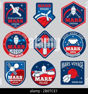 Mars Colonization Vector Retro Space Logos und Labels Set. Exploration mars Planet Logo, Emblem Reise zum mars Illustration Stock Vektor