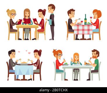 Menschen im Restaurant essen Abendessen Vector Flat Concepts. Familie im Restaurant, Illustration des romantischen Datums im Restaurant Stock Vektor