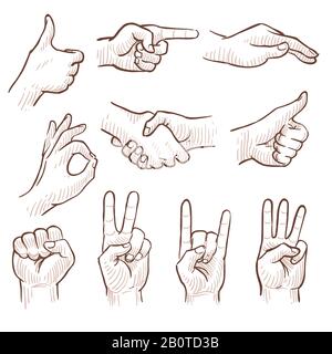 Handzeichnung Skizze man Hände mit verschiedenen Gesten Vektorsatz. Handgeste für Skizzenzeichnung, Abbildung der Handgeste Stock Vektor