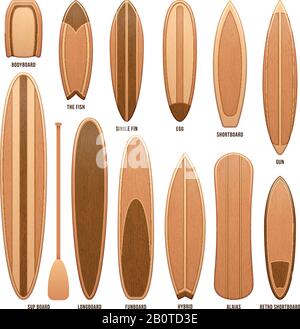 Auf weißen Vektorgrafiken isolierte Holz-Surfboards. Surfboad aus Holz für Sport, Surfbrett-Sammeldesign Stock Vektor