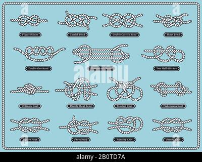Segelseilknoten. Vektorsatz von nautischen Designelementen. Knotenseilbowline, Abbildung des dekorativen doppelten Segelknotens Stock Vektor