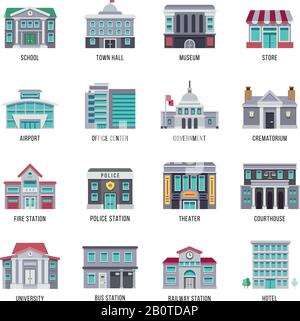 Vektorsymbole für Regierungsgebäude festgelegt. Stadtbauten Hochschule und Gerichtsgebäude, Theater und Polizei, Illustration des Feuerwehrgebäudes Stock Vektor