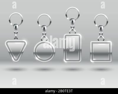Silberne Schlüsselketten in verschiedenen Formen für Haustür-Vektorvorlagen. Schlüsselbund aus Metall oder Trinket, Abbildung einer realistischen Schlüsselbundvorlage Stock Vektor