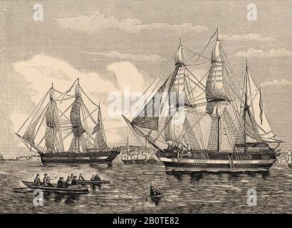 John FRANKLIN (1786-1847) Royal Navy Officer. Die HMS "Erebus at Right" und die "HMS Terror" segeln am 19. Mai in Greenhithe, England, auf ihrer Nordwestpassage-Expedition. Stockfoto