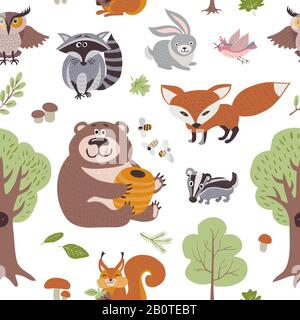 Waldsommer-Pflanzen und Waldtiere Vektor nahtloses Muster. Hintergrund der Waldtiere, Darstellung von Tieren im Hintergrund Waschbär und Hase Stock Vektor
