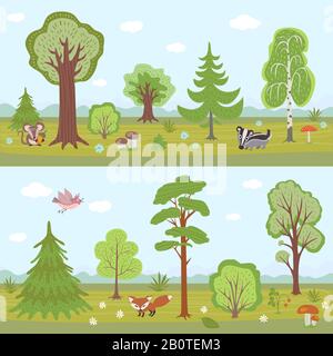 Waldvektorlandschaften festgelegt. Cartoon Naturpanorama mit Bäumen. Landschaftspark mit Baum- und Tierillustration Stock Vektor