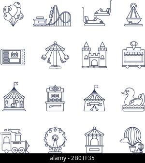 Luna Park-Vektor-Symbole für Vergnügungslinien. Attraktionen Set Icons, Sammlung von Vergnügungssymbolen Zug und Schloss, Ferris Rad Illustration Stock Vektor