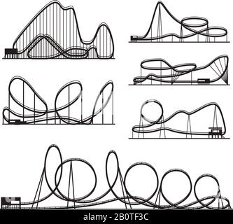 Achterbahn-Vektor-schwarze Silhouetten isoliert auf Weiß. Ikonen für Vergnügungspark. Achterbahn für Vergnügungspark, Abbildung Achterbahn Stock Vektor