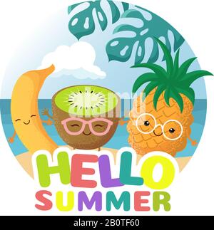 Sommer Strand Party Vektor Hintergrund mit tropischen lustigen süßen lächelnden tropischen Früchten. Hallo Sommer und Urlaub, Figurenananas und Kiwi-Illustration Stock Vektor