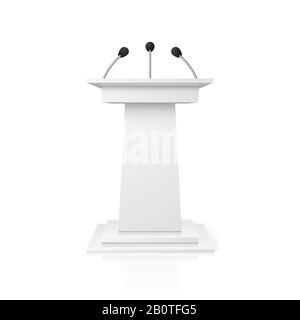 Weißer leerer Podiumstribun für öffentliche Rede mit Mikrofonen Vektorgrafiken. Standvortrag und öffentlicher Stand Stock Vektor