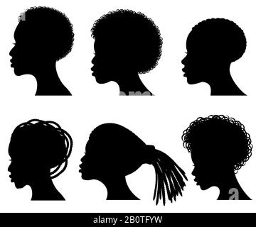 Afro-amerikanische junge Frau steht vektorschwarzen Silhouetten gegenüber. Shape Black Silhouette Woman Haarillustration Stock Vektor