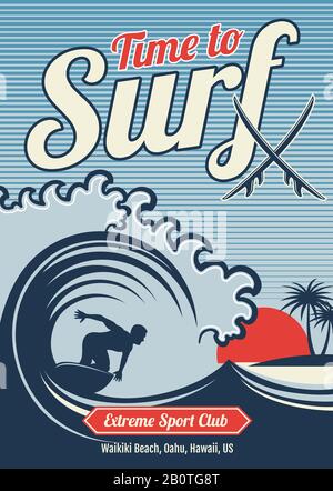 Surfing Vector hawaii T-Shirt Vector Vintage Design. Typografie Surfen im T-Shirt, Illustration des grafischen Surfers auf dem Wellenmeer Stock Vektor