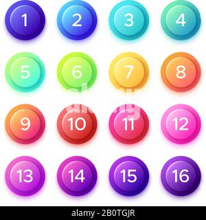 Zeigt die Zahl auf dem Symbol für die Schaltfläche "Verlaufszeichen" an. Bunte 3D-Kreisschaltflächen mit Punktnummern auf Kugelzählern isolierte Vektorsymbole festgelegt Stock Vektor