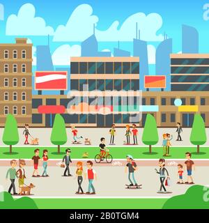 Menschen, die auf der Stadtstraße mit städtischer Stadtbild Vektor-Illustration spazieren. Städtische Straße mit Gebäude und Menschen Stock Vektor