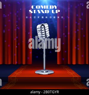Comedy Steh-up-Vektorhintergrund mit Retro-Mikrofon auf der Bühne und rotem Vorhang. Steh auf Show Performance Illustration des Comedy-Konzert-Plakats Stock Vektor