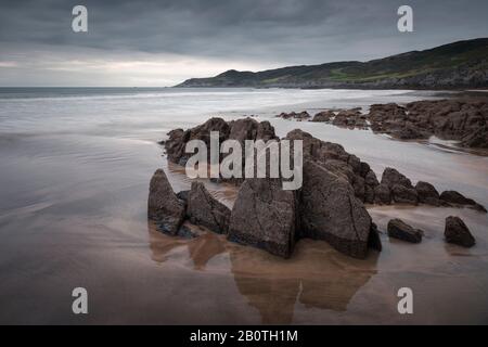 Combesgate Beach und Morte Point an der Küste von Nord-Devon in Woolacombe, England. Stockfoto