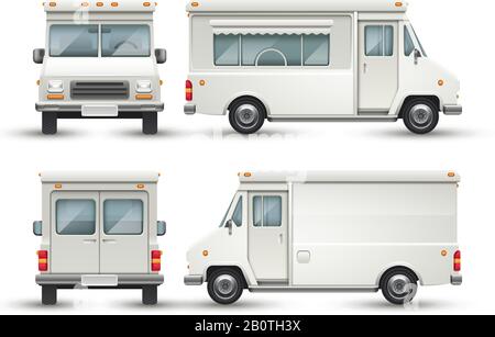 Weiße leere Lebensmittelautos, isolierte Vektorvorlage für Nutzfahrzeuge für Markenidentität im Restaurant und Logo-Design. Abbildung: Fahrzeugservice Stock Vektor
