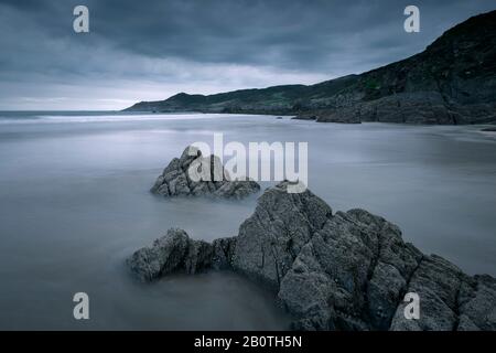 Combesgate Beach und Morte Point an der Küste von Nord-Devon in Woolacombe, England. Stockfoto