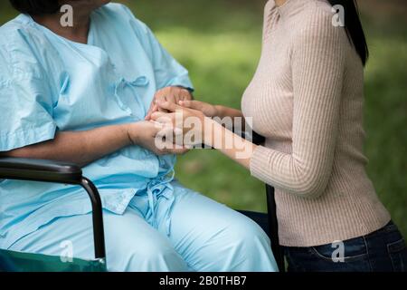 Enkelin spricht mit ihrer Großmutter, die auf dem Rollstuhl sitzt, fröhliches Konzept, glückliche Familie Stockfoto