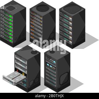 Isometrische Hardware. 3D-Telekommunikationsserver. Objekte des Rechenzentrums im Lagerraum. Vektorsatz für Computerdatenbank-Tower. Abbildung: Internetgerätebranche, Servercluster Stock Vektor