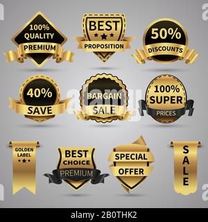 Luxuriöse goldene Etiketten und elegante Vektorkollektion mit goldenen Emblemen. Plakette Aufkleber Angebot Premium Illustration Stock Vektor