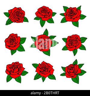 Rote Rosen mit grünen Blättern, Vektordesign für Tätowierung. Rote Rose in der Natur, mit grünem Blatt, Illustration von Rosentattoo Stock Vektor