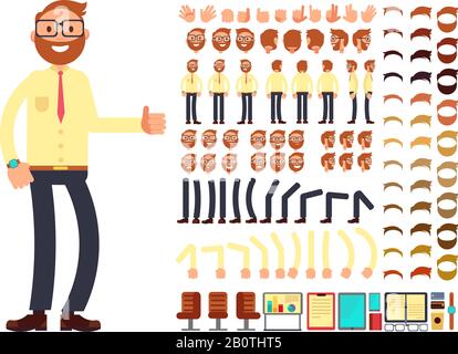 Junger männlicher Geschäftsmannscharakter mit Gesten für Animation. Konstruktor der Vektorerzeugung. Glückliche Business-Konstruktor Fuß anf Handillustration Stock Vektor